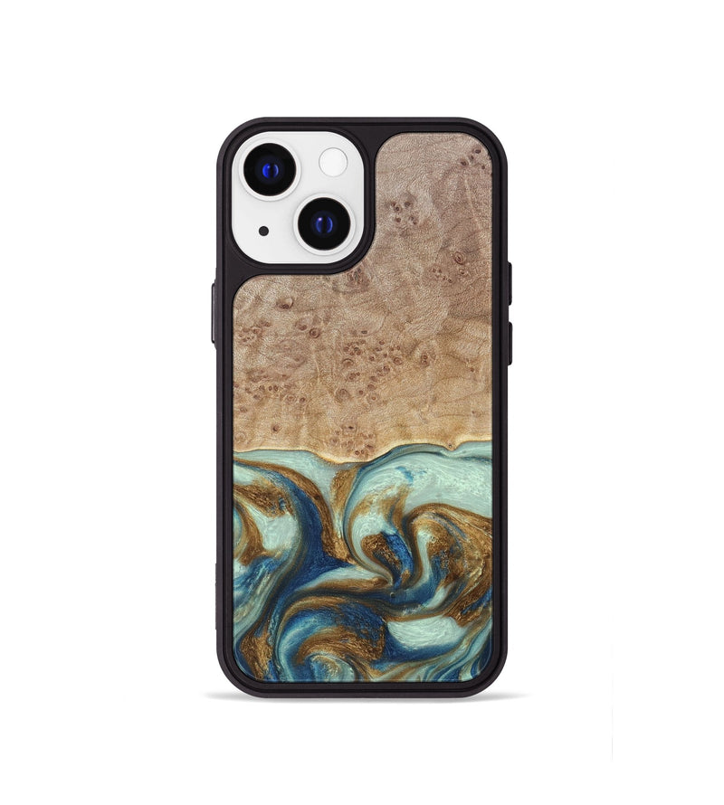 iPhone 13 mini Wood+Resin Phone Case - Brandy (Teal & Gold, 691566)