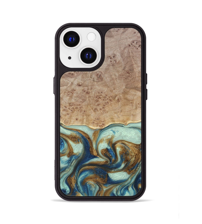 iPhone 13 Wood+Resin Phone Case - Brandy (Teal & Gold, 691566)