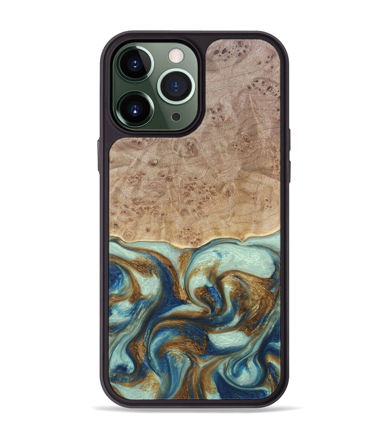 iPhone 13 Pro Max Wood+Resin Phone Case - Brandy (Teal & Gold, 691566)
