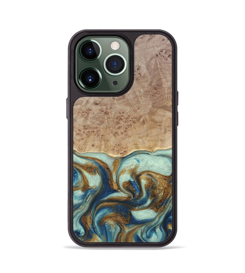 iPhone 13 Pro Wood+Resin Phone Case - Brandy (Teal & Gold, 691566)