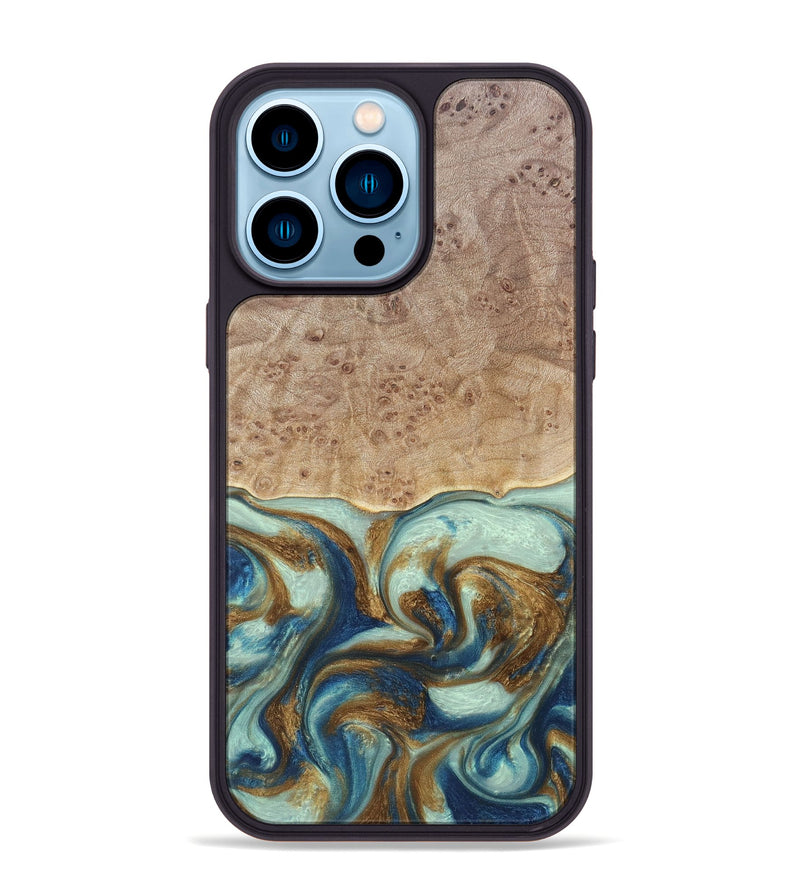 iPhone 14 Pro Max Wood+Resin Phone Case - Brandy (Teal & Gold, 691566)
