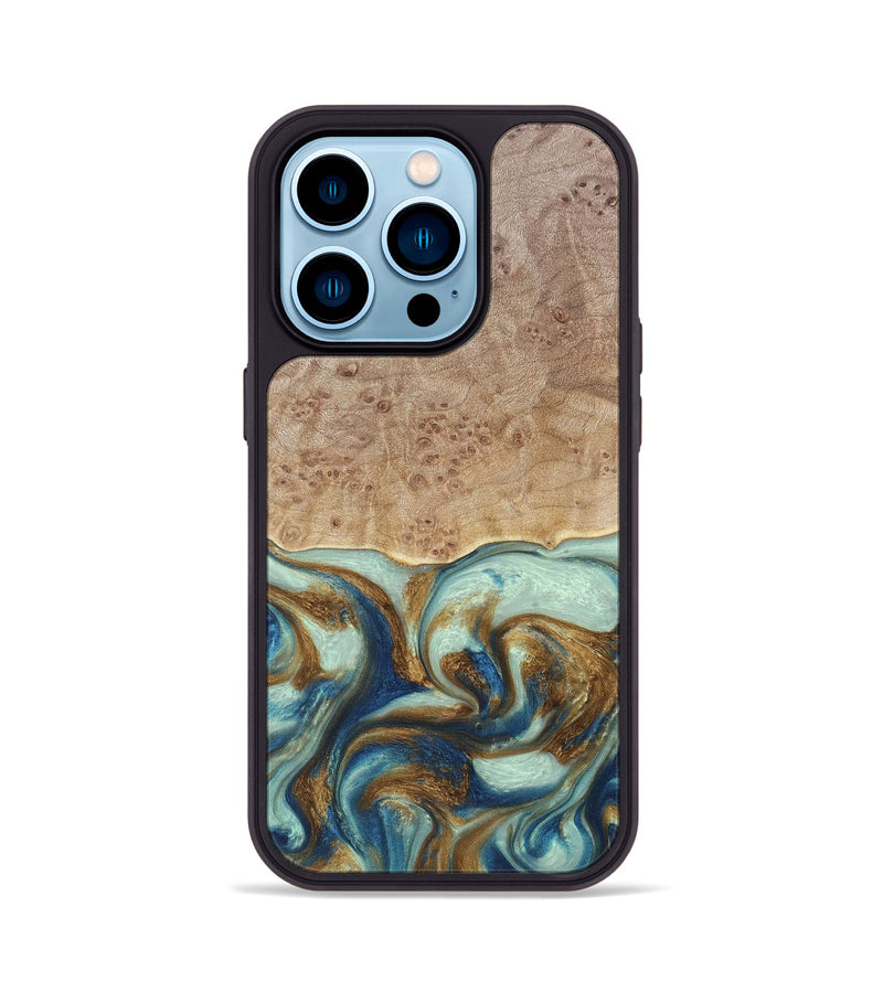 iPhone 14 Pro Wood+Resin Phone Case - Brandy (Teal & Gold, 691566)