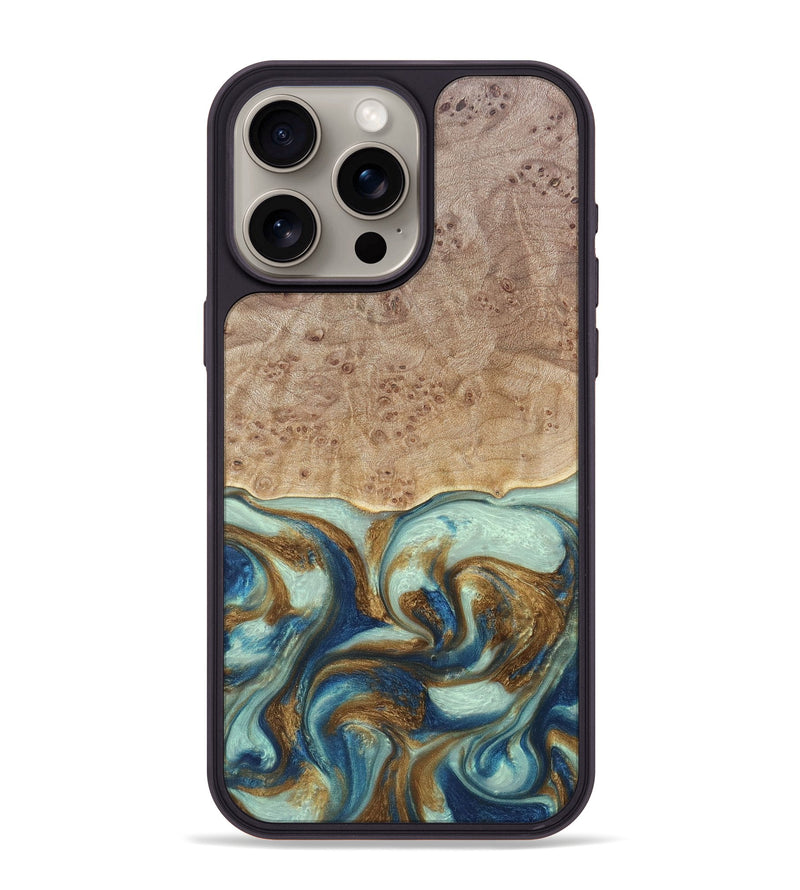 iPhone 15 Pro Max Wood+Resin Phone Case - Brandy (Teal & Gold, 691566)