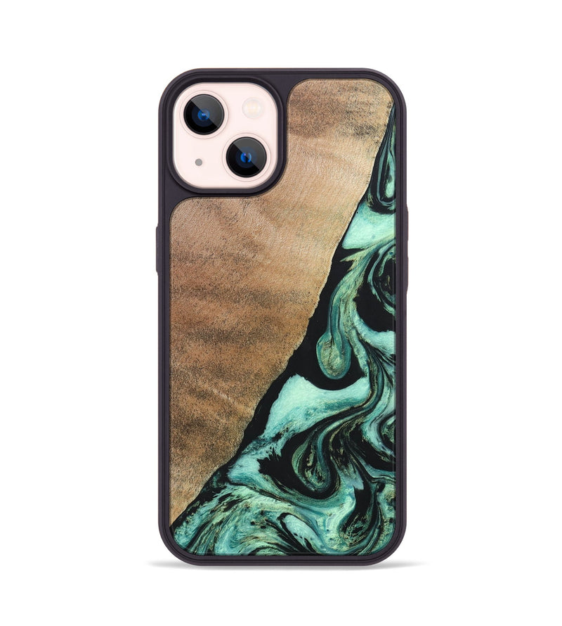 iPhone 14 Wood+Resin Phone Case - Chelsie (Green, 691570)
