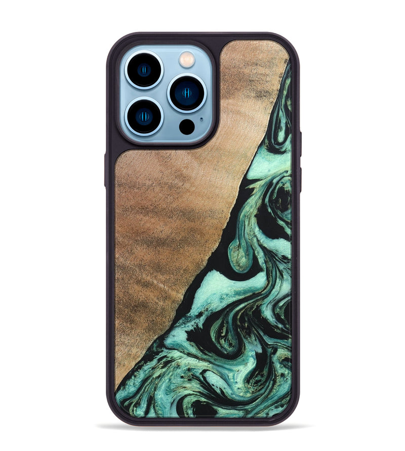 iPhone 14 Pro Max Wood+Resin Phone Case - Chelsie (Green, 691570)