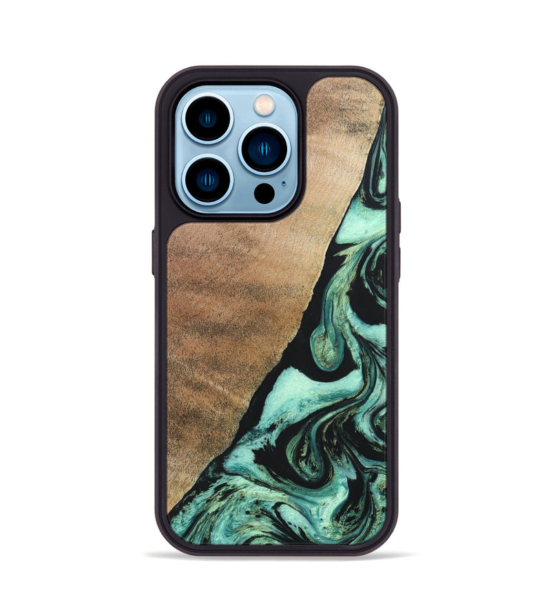 iPhone 14 Pro Wood+Resin Phone Case - Chelsie (Green, 691570)