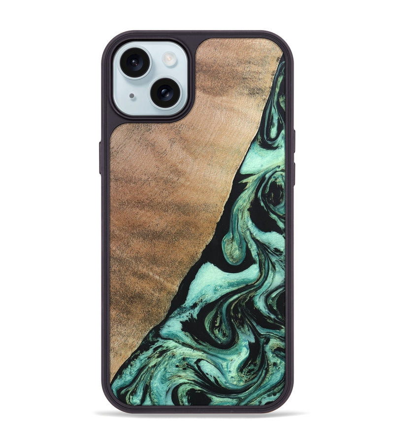 iPhone 15 Plus Wood+Resin Phone Case - Chelsie (Green, 691570)