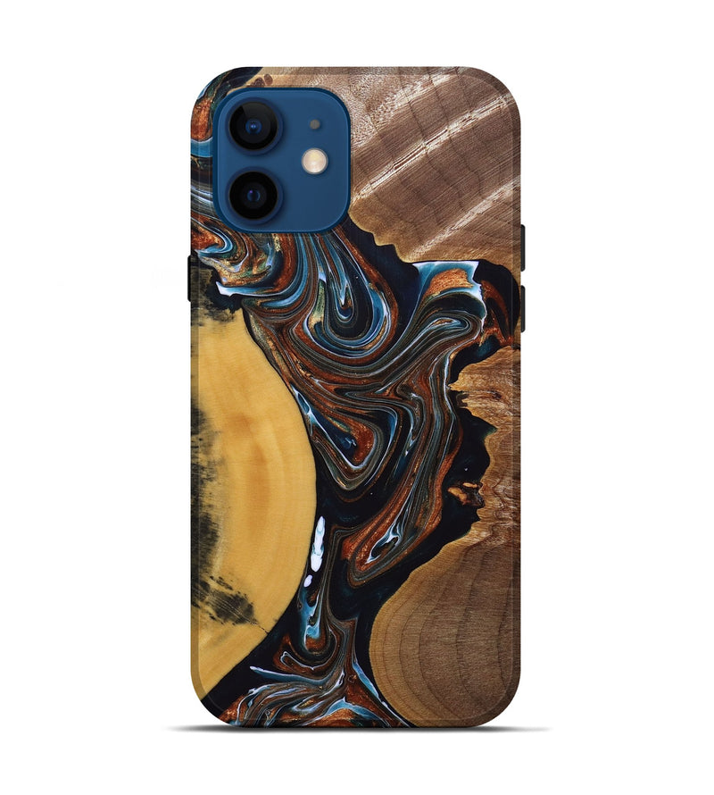 iPhone 12 Wood+Resin Live Edge Phone Case - Mackenzie (Teal & Gold, 691898)