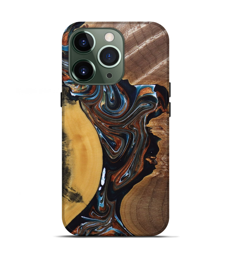 iPhone 13 Pro Wood+Resin Live Edge Phone Case - Mackenzie (Teal & Gold, 691898)