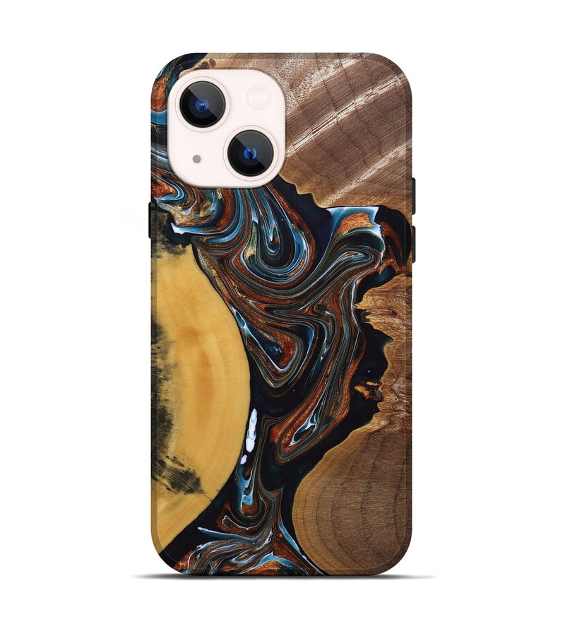 iPhone 14 Wood+Resin Live Edge Phone Case - Mackenzie (Teal & Gold, 691898)