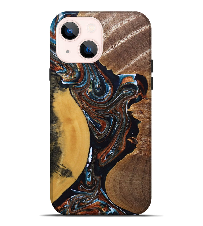 iPhone 14 Plus Wood+Resin Live Edge Phone Case - Mackenzie (Teal & Gold, 691898)