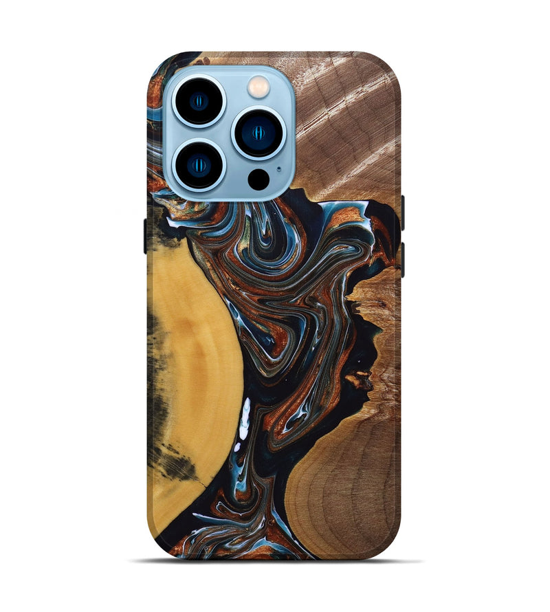 iPhone 14 Pro Wood+Resin Live Edge Phone Case - Mackenzie (Teal & Gold, 691898)