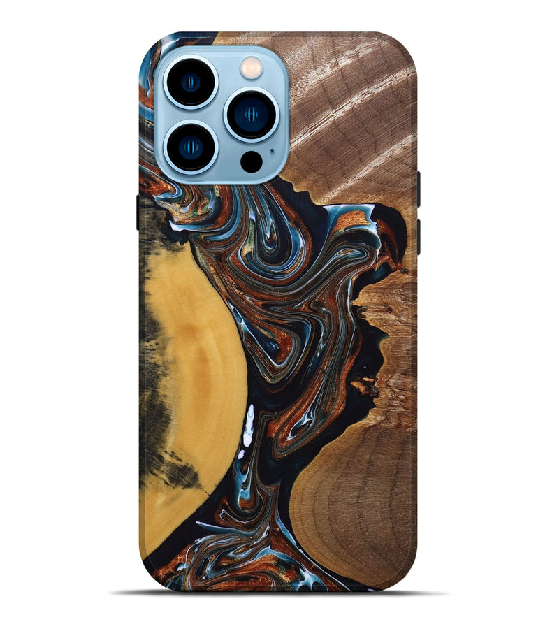 iPhone 14 Pro Max Wood+Resin Live Edge Phone Case - Mackenzie (Teal & Gold, 691898)