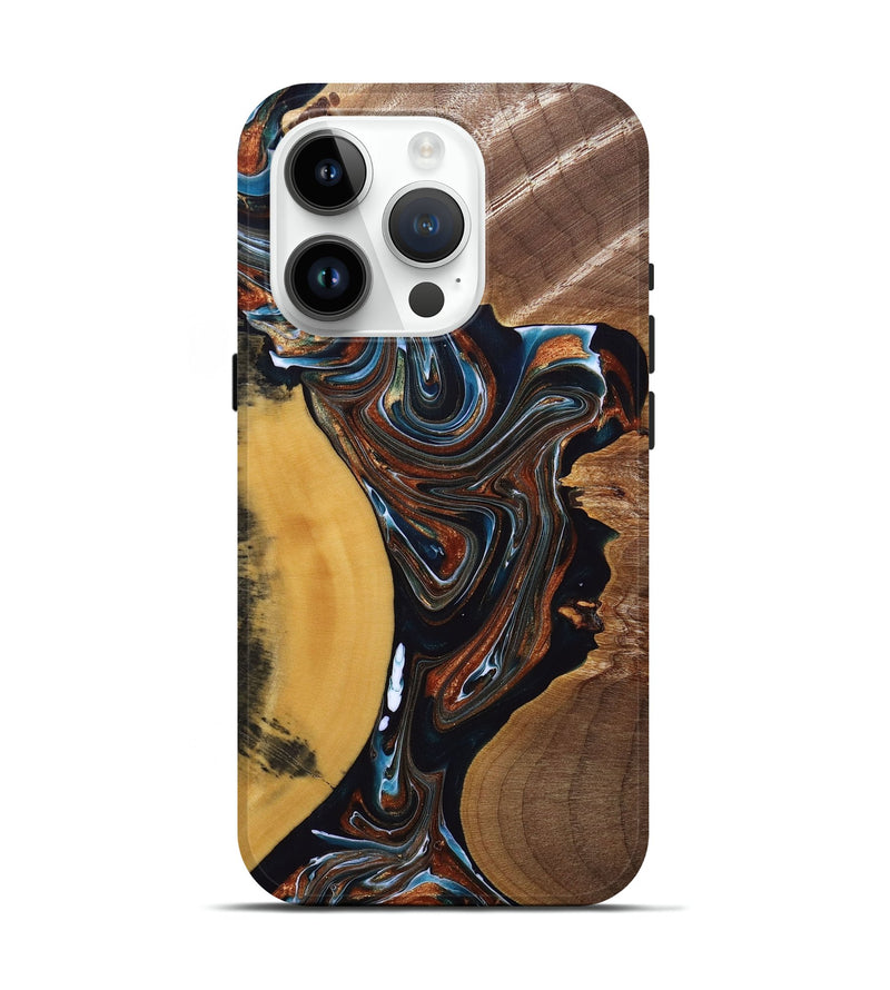 iPhone 15 Pro Wood+Resin Live Edge Phone Case - Mackenzie (Teal & Gold, 691898)