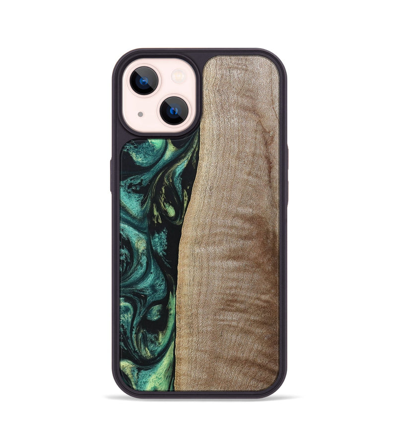 iPhone 14 Wood+Resin Phone Case - Tina (Green, 691928)