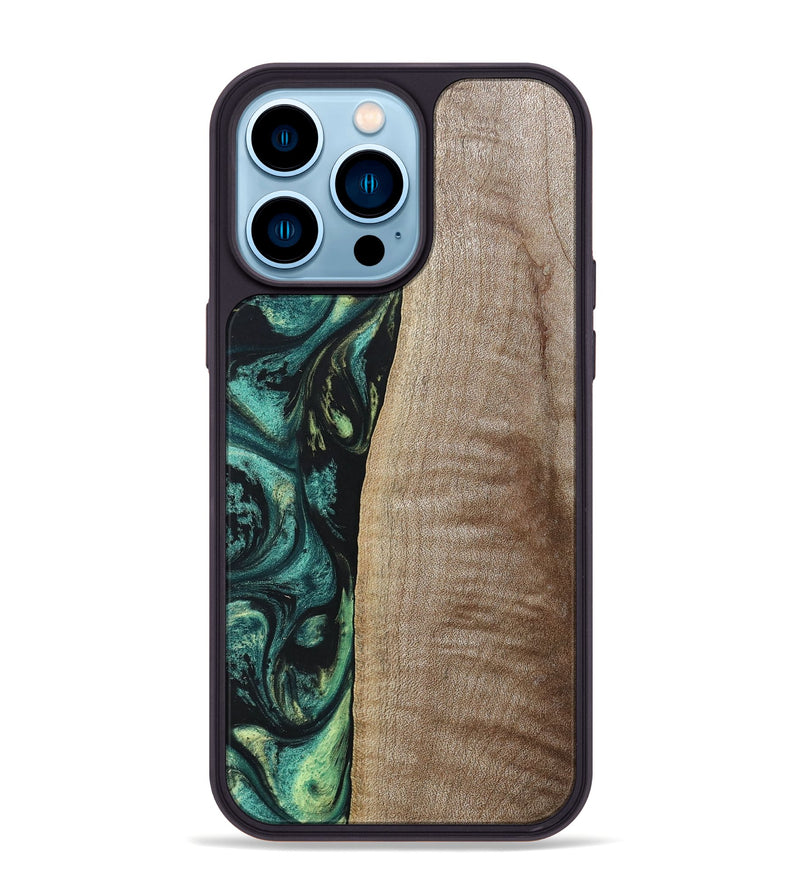 iPhone 14 Pro Max Wood+Resin Phone Case - Tina (Green, 691928)