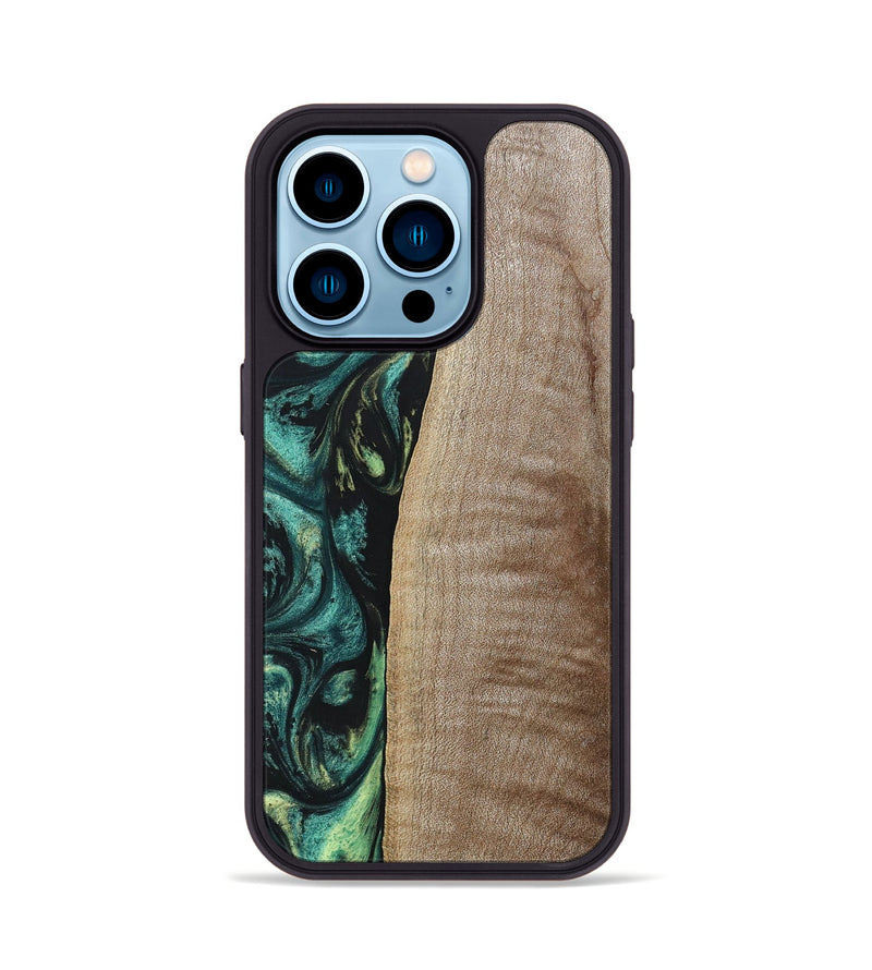 iPhone 14 Pro Wood+Resin Phone Case - Tina (Green, 691928)