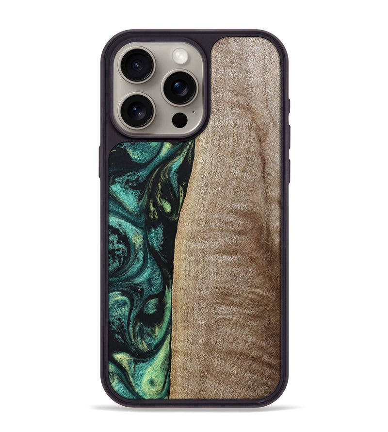 iPhone 15 Pro Max Wood+Resin Phone Case - Tina (Green, 691928)
