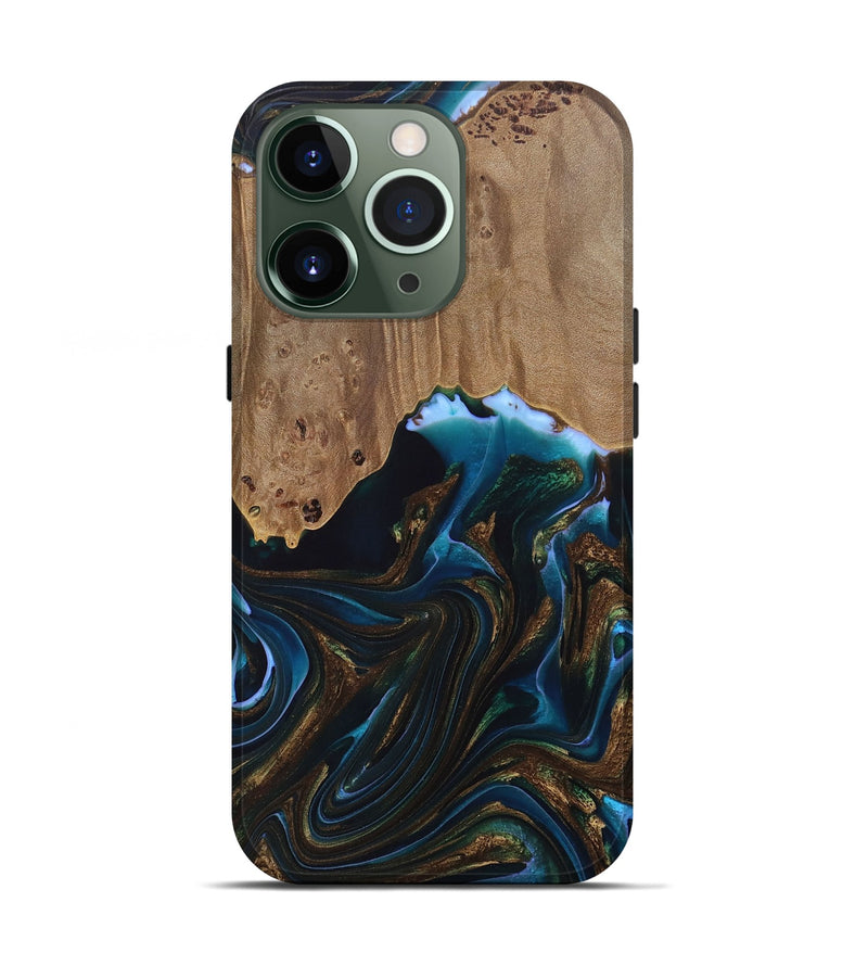 iPhone 13 Pro Wood+Resin Live Edge Phone Case - Eli (Teal & Gold, 692225)