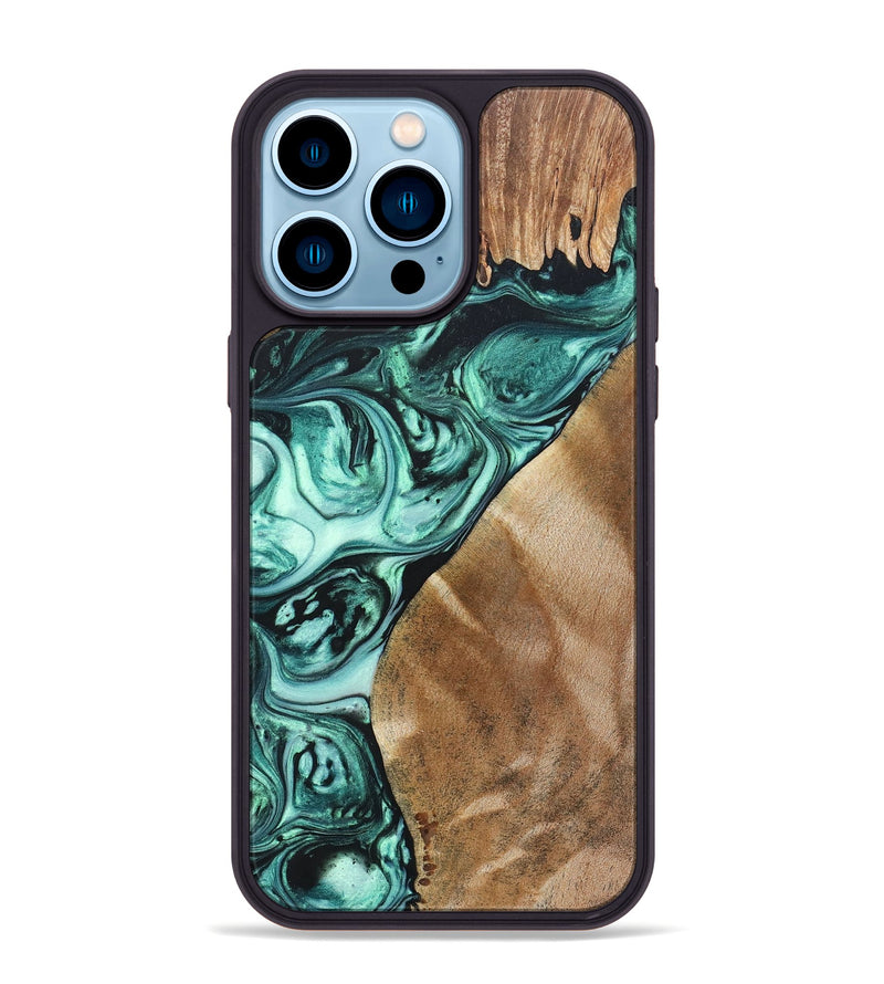 iPhone 14 Pro Max Wood+Resin Phone Case - Katrina (Green, 692259)