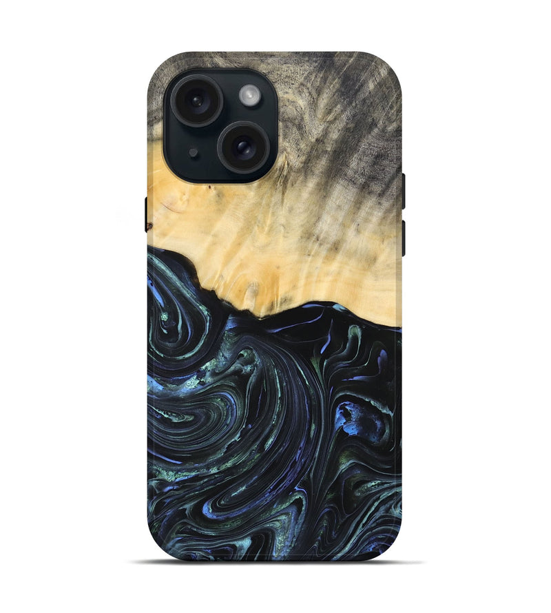 iPhone 15 Wood+Resin Live Edge Phone Case - Carlton (Blue, 692321)