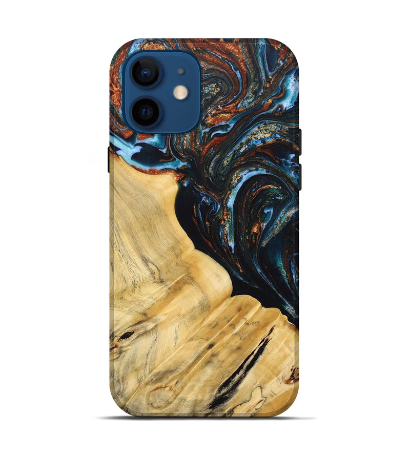 iPhone 12 Wood+Resin Live Edge Phone Case - Antonio (Teal & Gold, 692520)