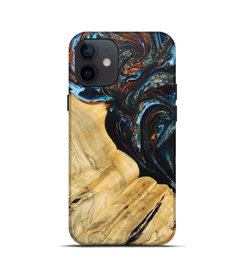 iPhone 12 mini Wood+Resin Live Edge Phone Case - Antonio (Teal & Gold, 692520)