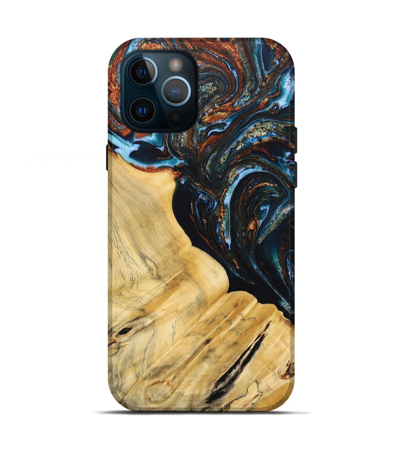 iPhone 12 Pro Wood+Resin Live Edge Phone Case - Antonio (Teal & Gold, 692520)