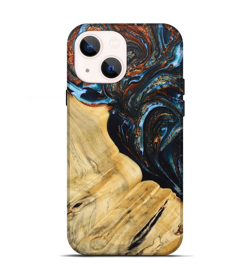 iPhone 13 Wood+Resin Live Edge Phone Case - Antonio (Teal & Gold, 692520)