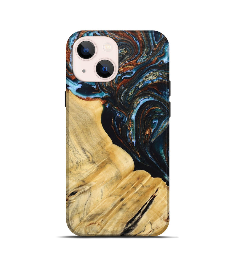 iPhone 13 mini Wood+Resin Live Edge Phone Case - Antonio (Teal & Gold, 692520)