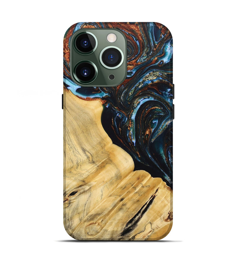 iPhone 13 Pro Wood+Resin Live Edge Phone Case - Antonio (Teal & Gold, 692520)