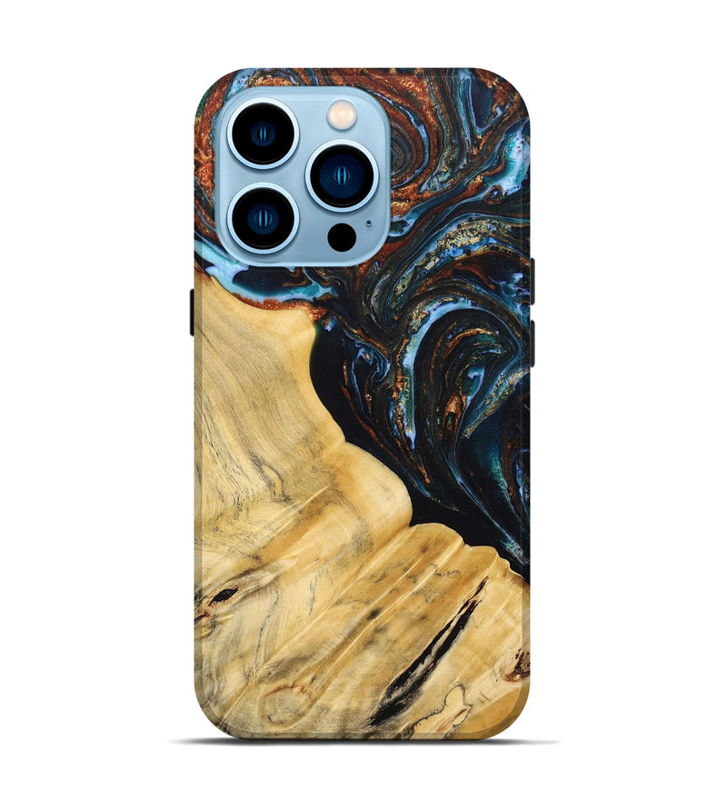 iPhone 14 Pro Wood+Resin Live Edge Phone Case - Antonio (Teal & Gold, 692520)