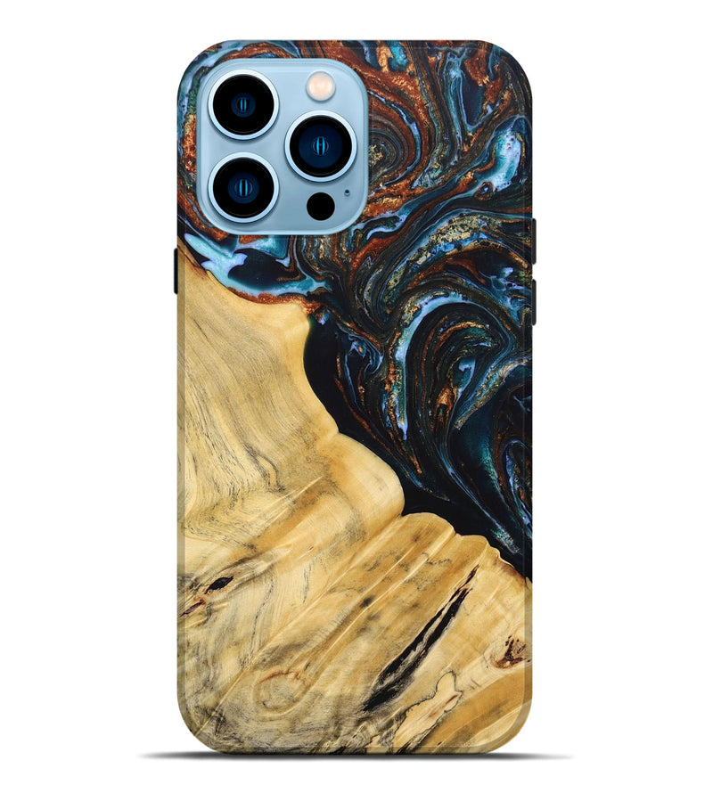 iPhone 14 Pro Max Wood+Resin Live Edge Phone Case - Antonio (Teal & Gold, 692520)