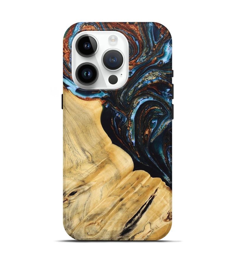 iPhone 15 Pro Wood+Resin Live Edge Phone Case - Antonio (Teal & Gold, 692520)
