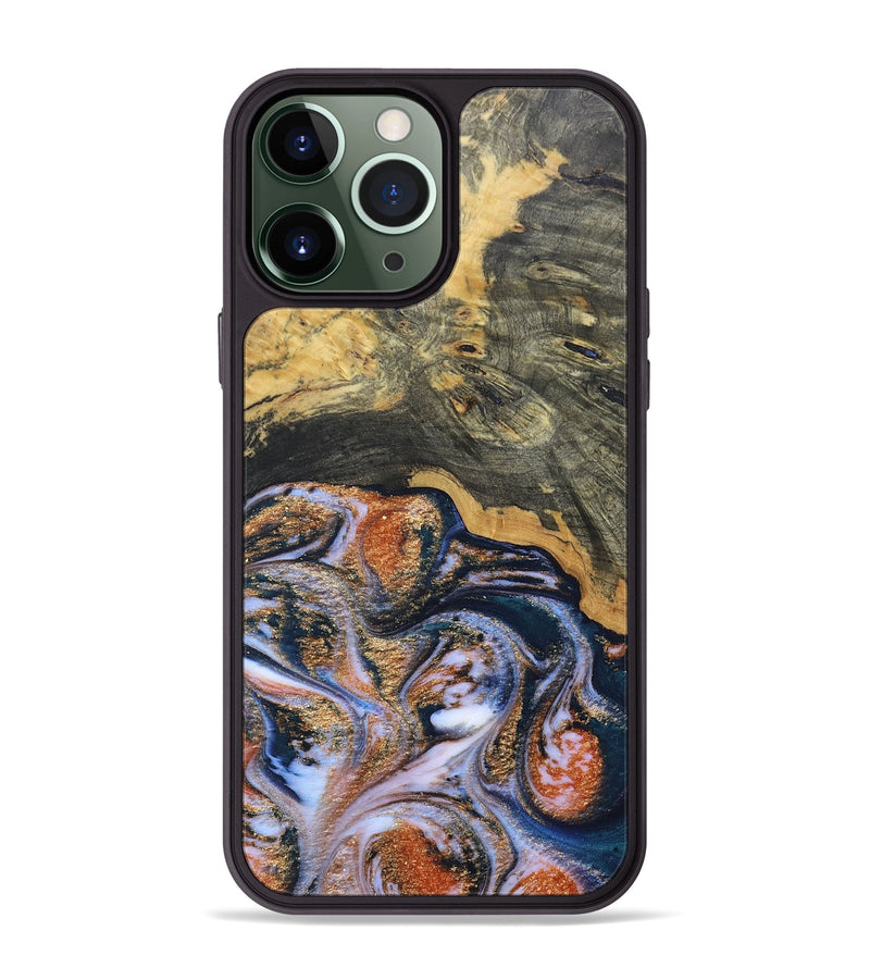 iPhone 13 Pro Max Wood+Resin Phone Case - Susan (Teal & Gold, 692581)