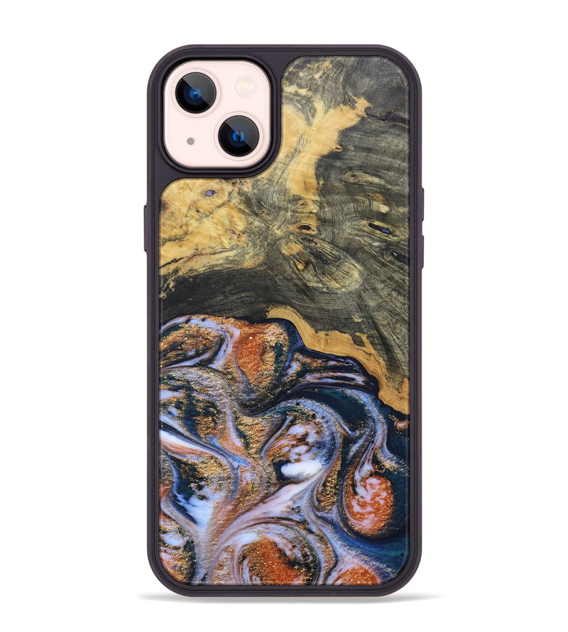 iPhone 14 Plus Wood+Resin Phone Case - Susan (Teal & Gold, 692581)
