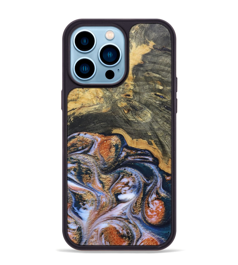 iPhone 14 Pro Max Wood+Resin Phone Case - Susan (Teal & Gold, 692581)