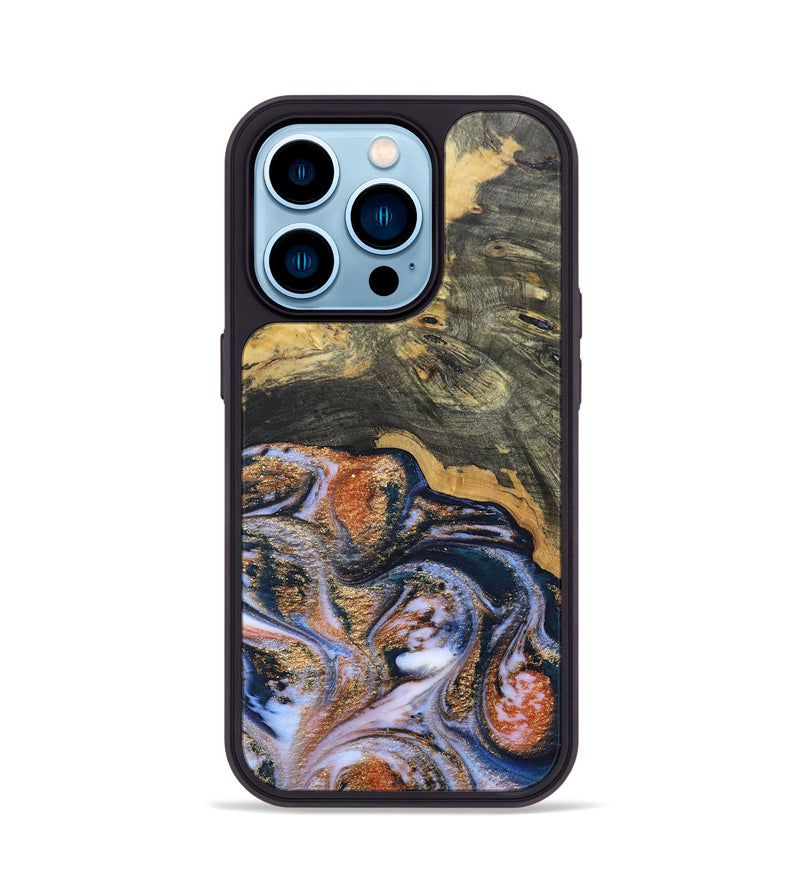 iPhone 14 Pro Wood+Resin Phone Case - Susan (Teal & Gold, 692581)