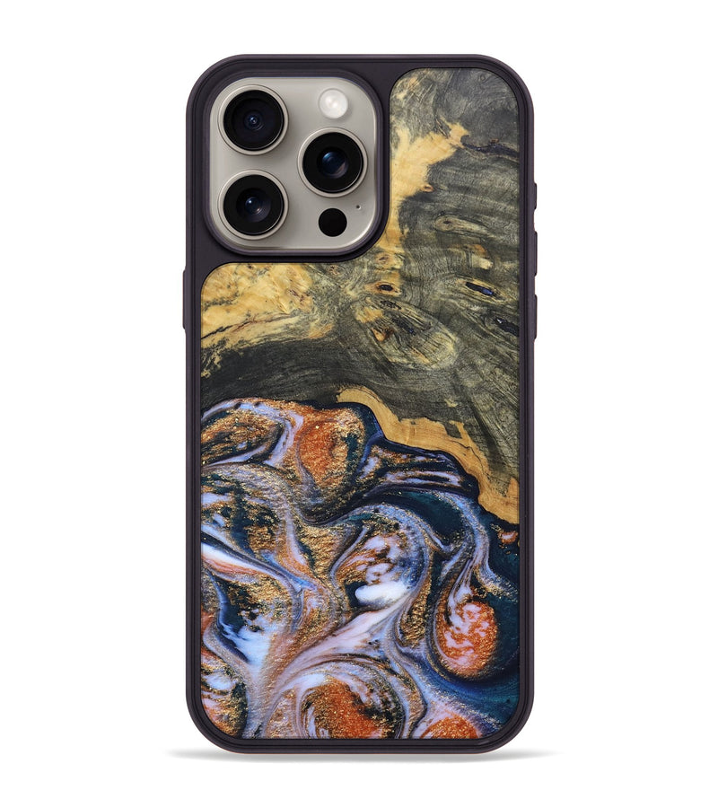 iPhone 15 Pro Max Wood+Resin Phone Case - Susan (Teal & Gold, 692581)