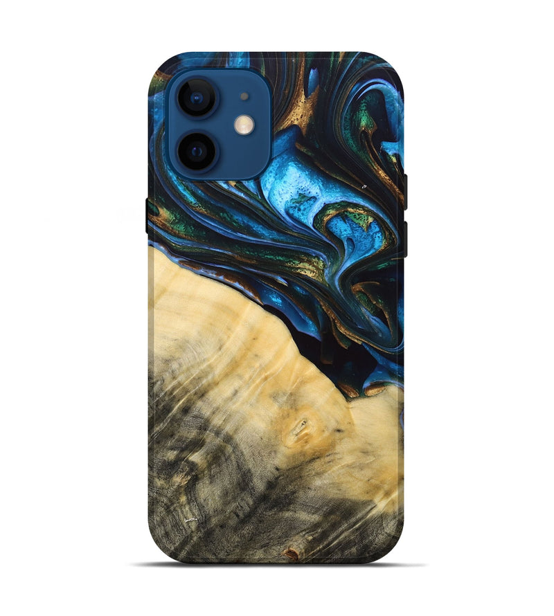 iPhone 12 Wood+Resin Live Edge Phone Case - Tameka (Teal & Gold, 692661)