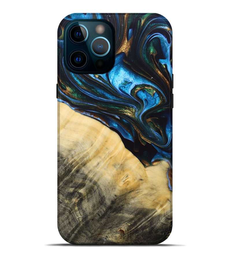 iPhone 12 Pro Max Wood+Resin Live Edge Phone Case - Tameka (Teal & Gold, 692661)