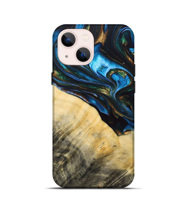 iPhone 13 mini Wood+Resin Live Edge Phone Case - Tameka (Teal & Gold, 692661)