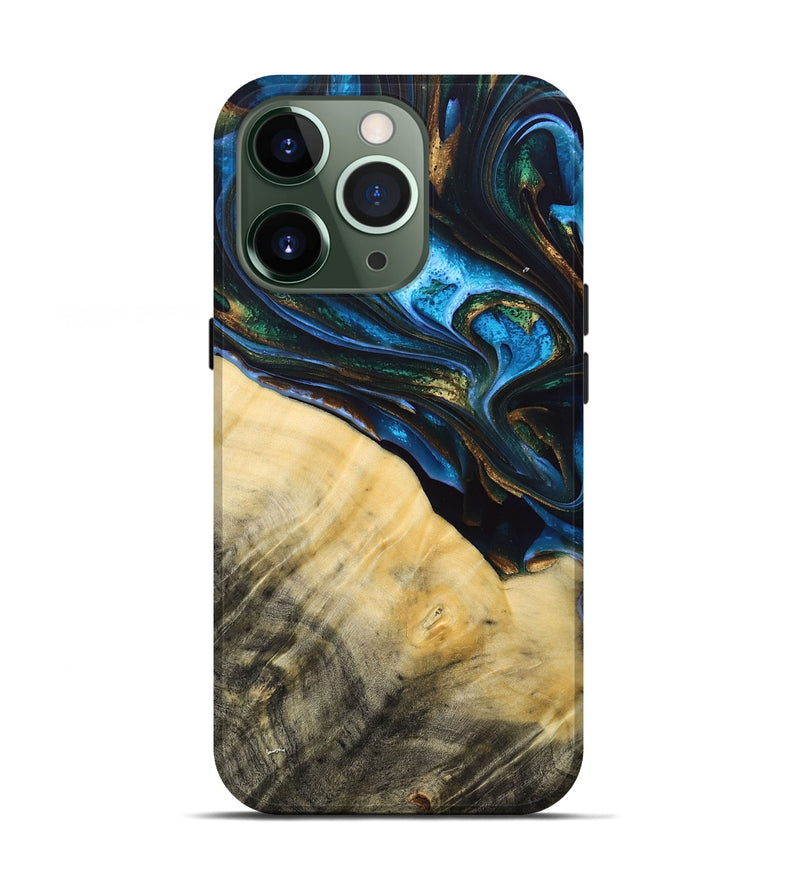iPhone 13 Pro Wood+Resin Live Edge Phone Case - Tameka (Teal & Gold, 692661)