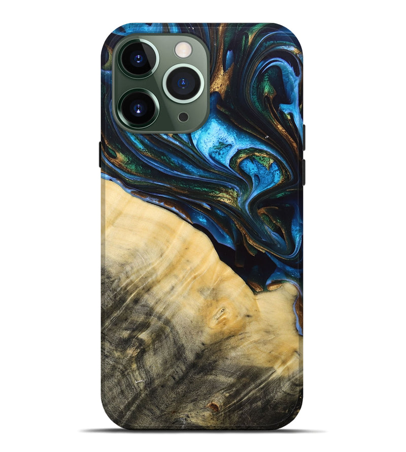 iPhone 13 Pro Max Wood+Resin Live Edge Phone Case - Tameka (Teal & Gold, 692661)