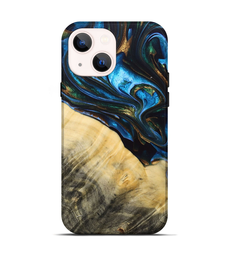 iPhone 14 Wood+Resin Live Edge Phone Case - Tameka (Teal & Gold, 692661)