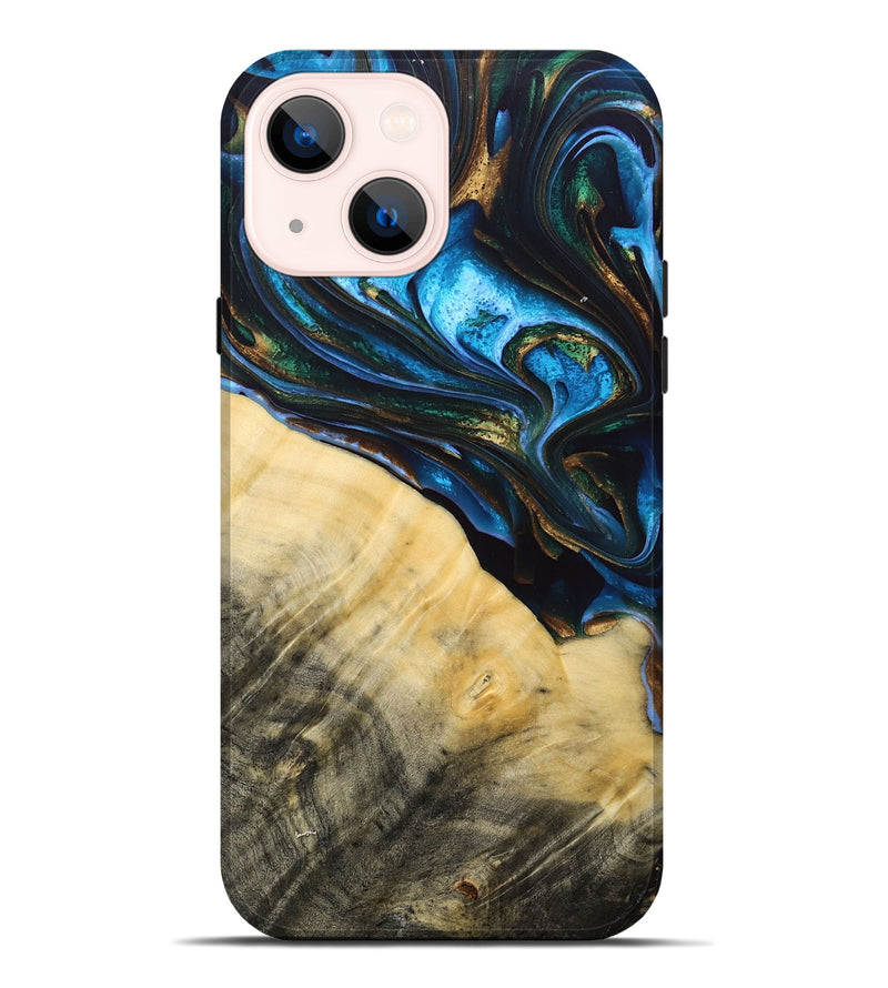 iPhone 14 Plus Wood+Resin Live Edge Phone Case - Tameka (Teal & Gold, 692661)