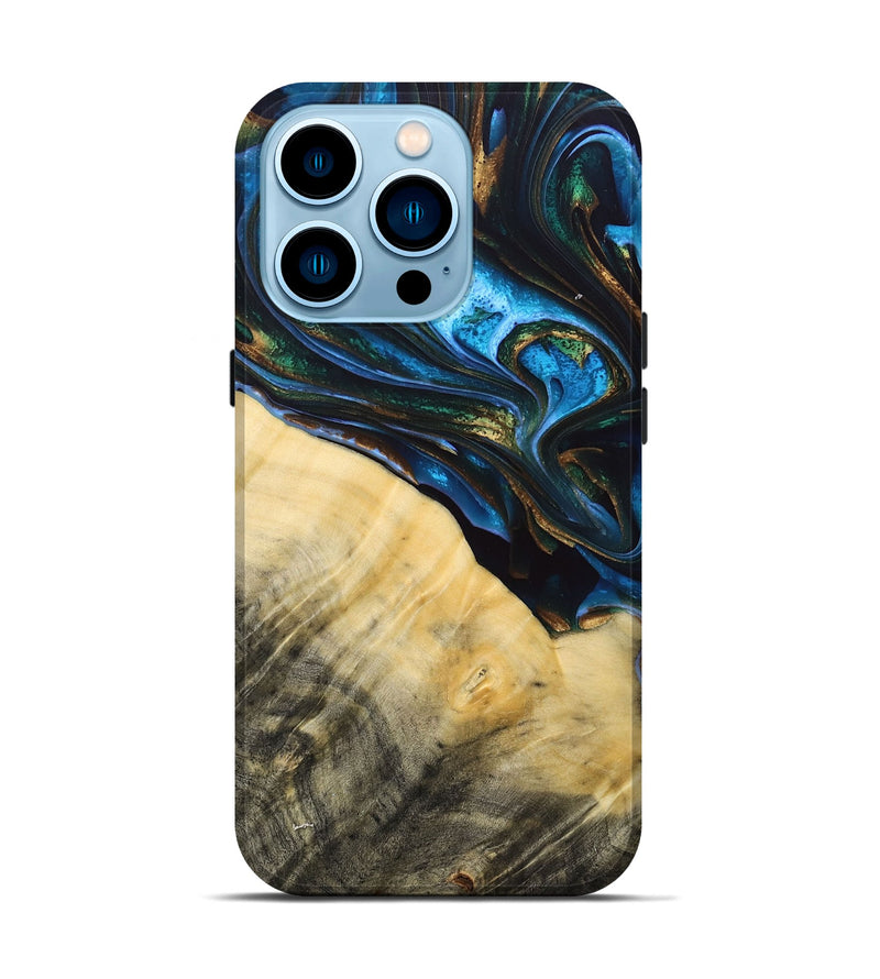 iPhone 14 Pro Wood+Resin Live Edge Phone Case - Tameka (Teal & Gold, 692661)