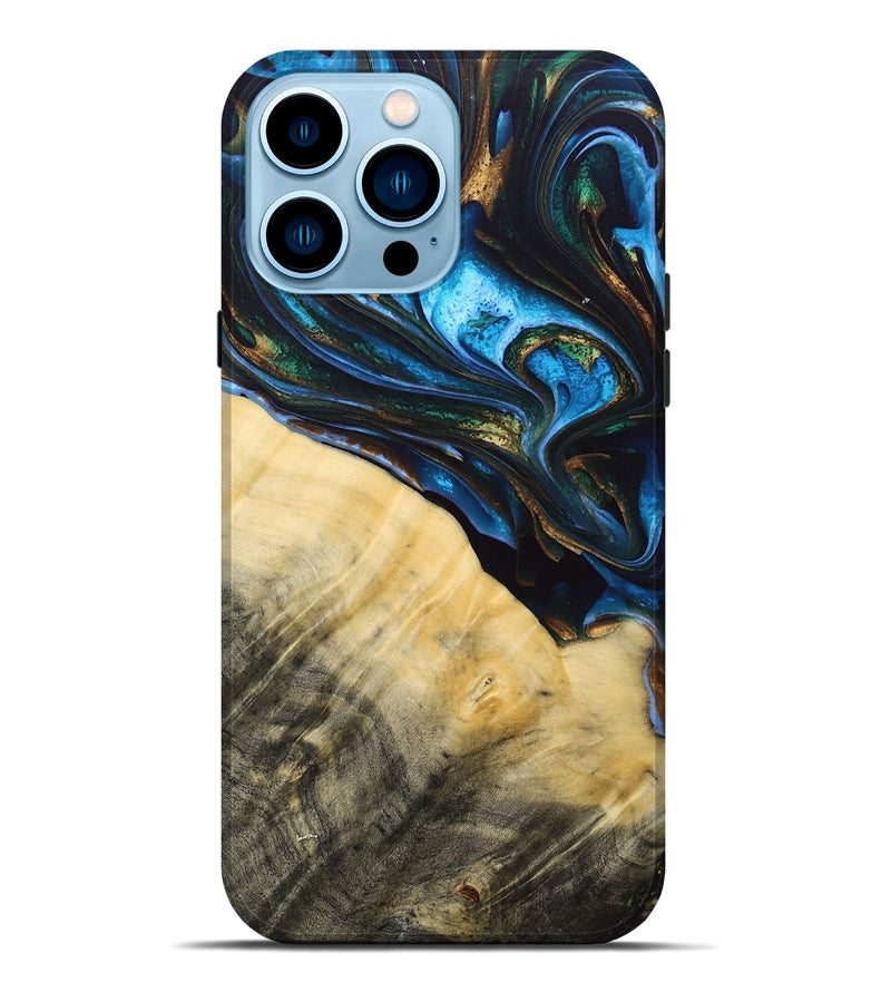 iPhone 14 Pro Max Wood+Resin Live Edge Phone Case - Tameka (Teal & Gold, 692661)
