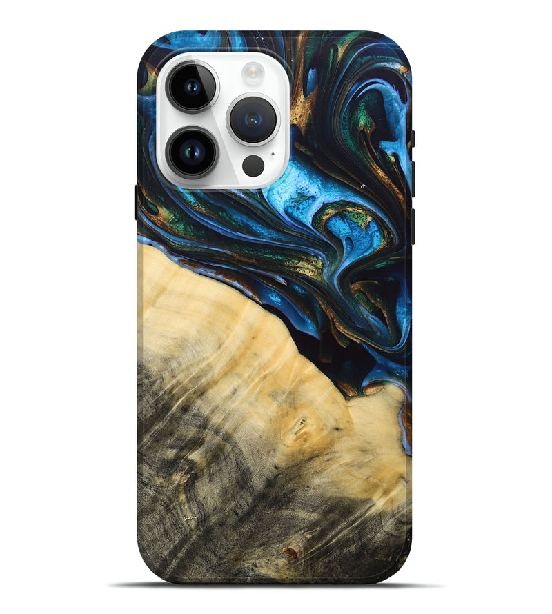 iPhone 15 Pro Max Wood+Resin Live Edge Phone Case - Tameka (Teal & Gold, 692661)