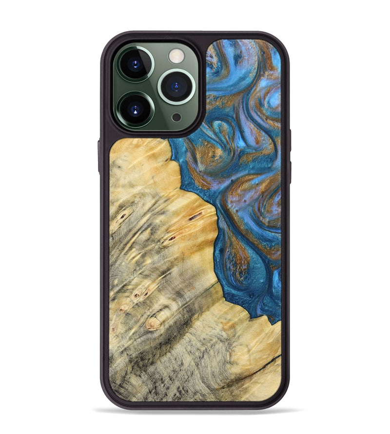 iPhone 13 Pro Max Wood+Resin Phone Case - Kathi (Teal & Gold, 693514)